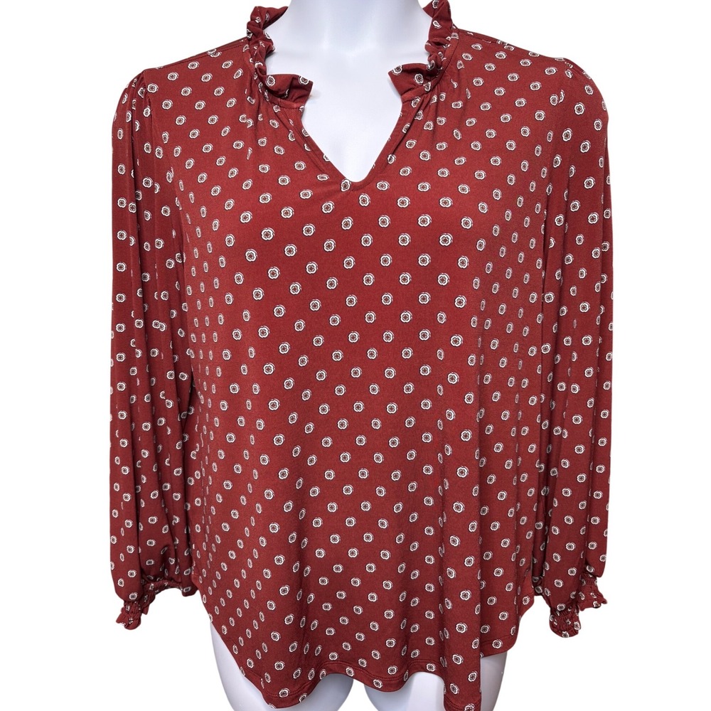 ANN TAYLOR Factory Rust Red Floral Blouse XL Ruffled Neck Boho Retro Officewear